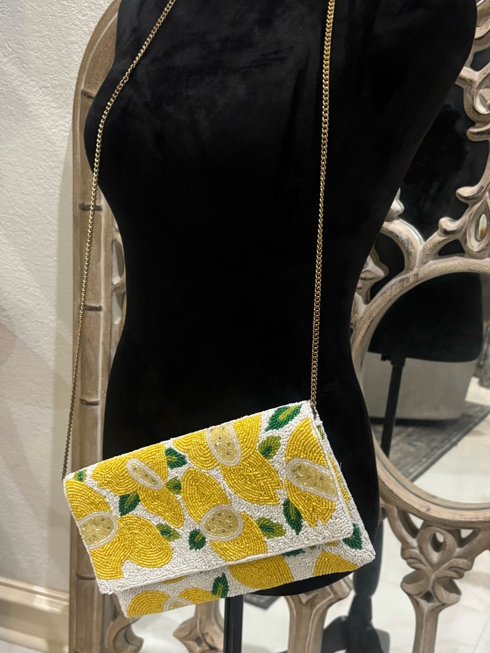 Yellow Lemon Bead-Embellished Crossbody Bag